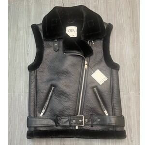 Zara Womens Double Faced Faux Leather Biker Gilet Vest Black Small NWT
